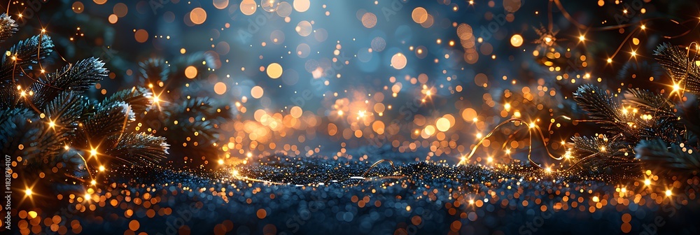 Naklejka premium Sparkling Panoramic Festive Lights on Snowy Pine Branches