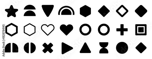 Collection of Black Geometric and Symbolic Icons on White Background