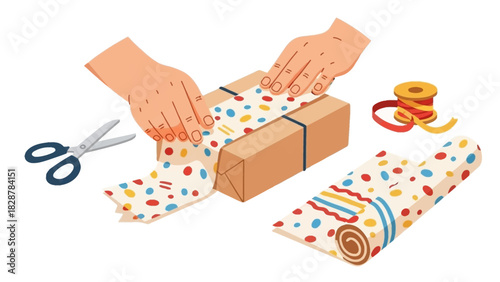 Hands wrapping a gift with patterned paper and scissors, preparing for celebration