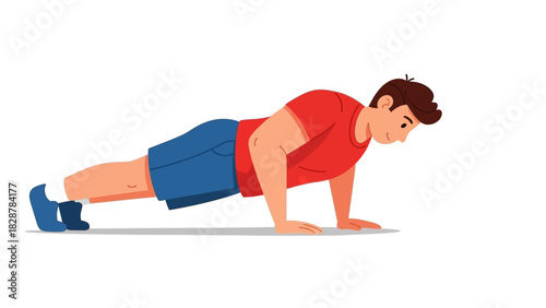 Young man doing push-up exercise for strength training and fitness. Vector character illustration isolated on a white background