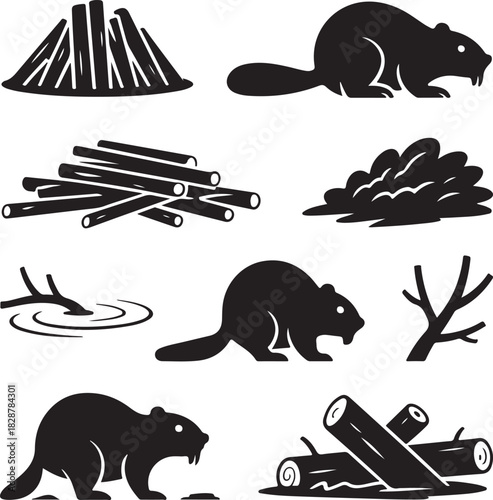 Black and white vector illustration of beavers and their habitat
