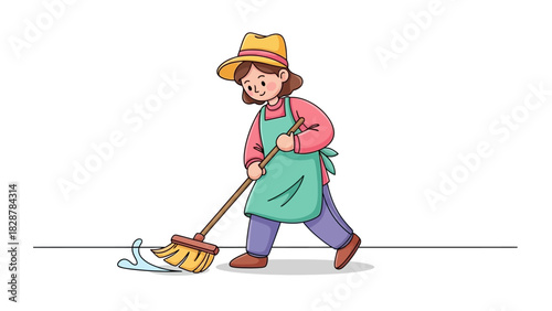 Dedicated woman sweeping a floor with a broom, embodying the spirit of household chores, professional cleaning, and maintaining tidy spaces