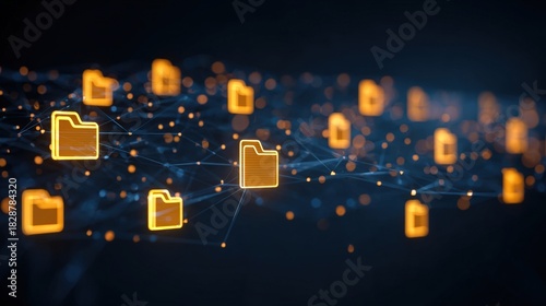 Abstract network grid with files and folders, futuristic software interface, digital document management system, store, search and organize documents, corporate business, paperless office	
