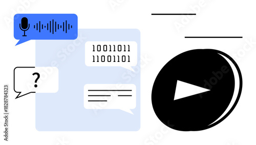 Speech bubble with microphone and sound waves, code, and chat icons next to play button. Ideal for AI, voice assistant, speech-to-text, chatbot, podcasting, tech UI and media concepts with simple