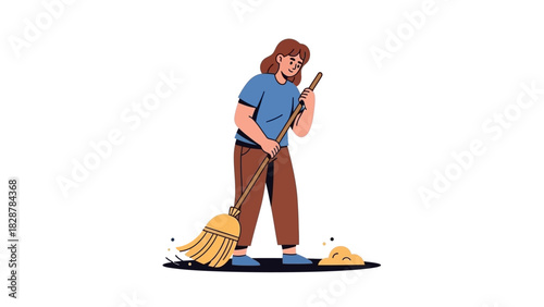Woman sweeping floor with broom cleaning house keeping domestic chores hygiene concept