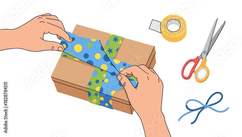 Gift Box Wrapping Step-by-Step Guide with Hands, Tape, Scissors, and Ribbon for Celebrations