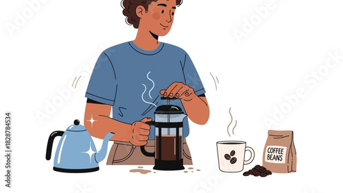 Person making coffee with French press and kettle on table