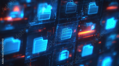 Abstract network grid with files and folders, futuristic software interface, digital document management system, store, search and organize documents, corporate business, paperless office	

