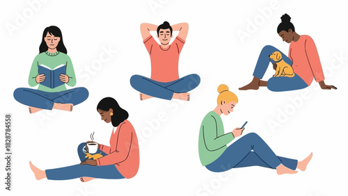 People relaxing and enjoying leisure activities like reading, drinking, and using technology