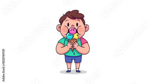 A cute chubby boy cartoon character happily eating a large three-scoop ice cream cone. Vector illustration for a summer design theme