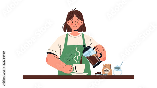 A charming character in a green apron pours freshly brewed coffee from a French press into a steaming cup. Flat vector illustration