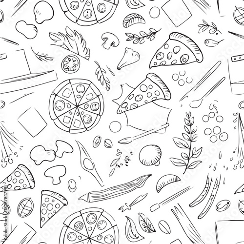 Hand-drawn Pizza Ingredients and Utensils Seamless Pattern
