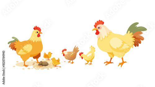 Collection of rooster, hen and chicks isolated on white background. Bundle of chicken with brood. Cute lovely family of domestic fowl or poultry birds. Childish flat cartoon vector illustration .icon