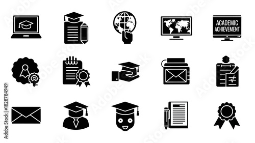 Black and white icons representing online education and academic achievements