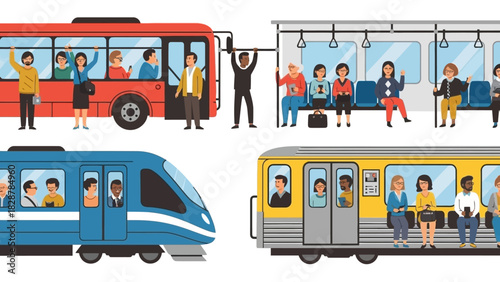Diverse Commuters on Public Transport Bus, Subway and Train illustration