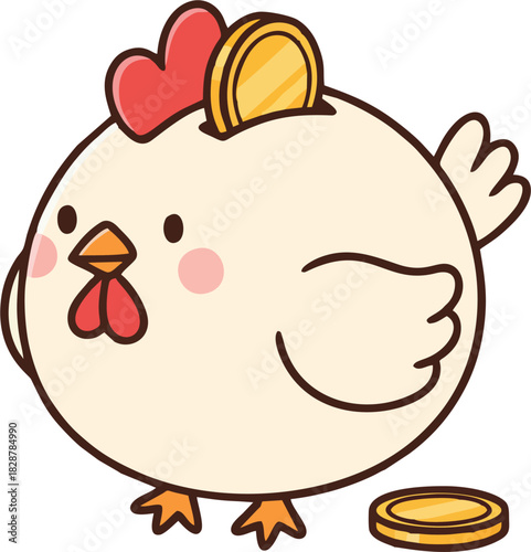 Kawaii White Chicken Piggy Bank with Gold Coins – Cute Cartoon Savings Mascot Vector