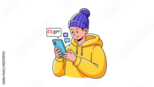 Person engaging with social media content on their mobile device in vector art