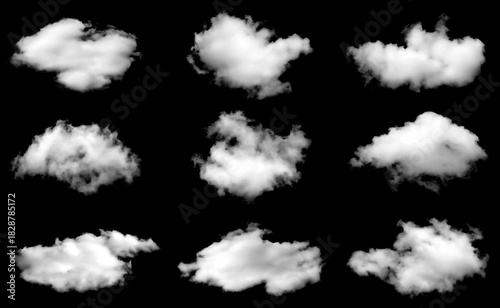 Realistic isolated cloud pack on a black background, perfect for sky overlays, digital artwork, weather scenes, and creative compositions, offering clean fluffy textures for professional graphic
