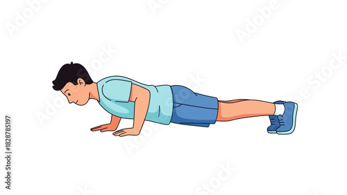 Young man doing a push-up exercise. A flat vector illustration for fitness, workout routines, and healthy lifestyle concepts