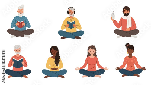 Diverse people meditating and reading books in a serene, mindful setting