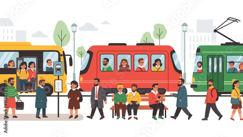 City public transportation illustration bus, train, tram with diverse people at station