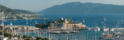 Mugla,, Türkiye. View of Bodrum Harbor and Bodrum Castle in October.