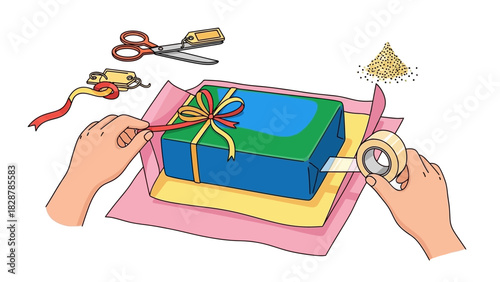 Hands carefully craft a beautifully wrapped present, meticulously arranging ribbons and paper for a heartwarming surprise and festive celebration