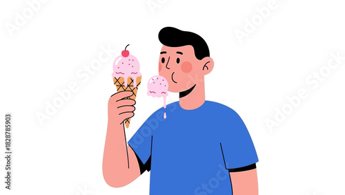 Delightful summer treat turns messy as a happy man enjoys a rapidly melting ice cream cone with drips running down