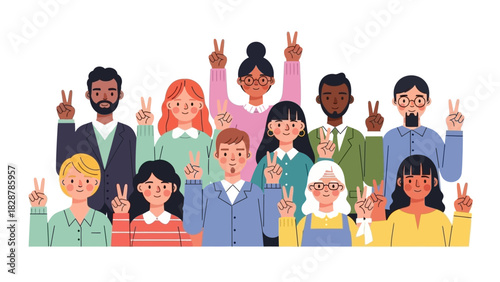 Diverse group of people showing the peace sign, symbolizing unity and togetherness in a vibrant community setting