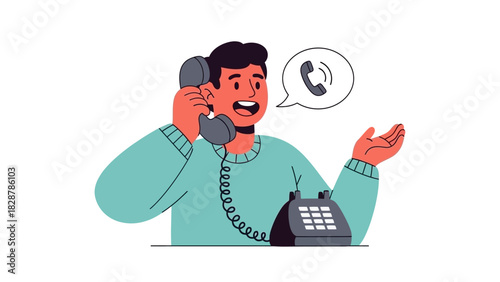 Man Answering a Corded Phone Call Illustration