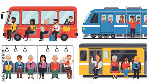 Modern public transport Diverse city commuters on buses, trains, and subways for daily urban journeys in a vibrant flat illustration