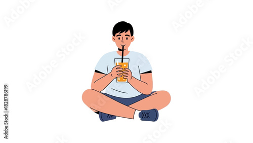 Casual young man sitting cross-legged on the floor enjoying a refreshing glass of juice with a straw, isolated vector illustration