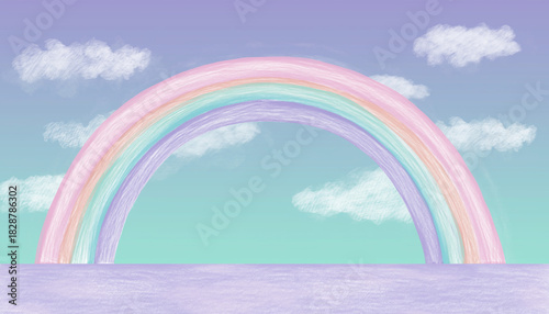 Pastel Rainbow Sky Dreamy Cloudscape Illustration with Soft Hues and Gentle Atmosphere
