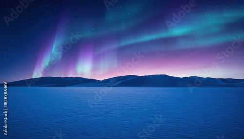 Aurora Borealis painting the arctic sky with vibrant purple and green hues over a snow-covered landscape