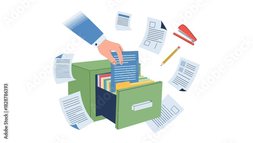 Streamlined document organization and efficient file management in a modern office workflow, with a hand placing a record