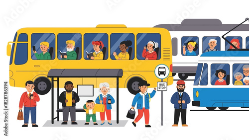 Commuters and Public Transportation Bus, Tram, and Passengers at a Stop