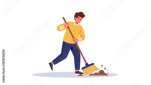 Man Sweeping with Broom Removing Dirt and Debris from the Floor in Illustration