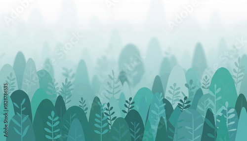Misty green forest landscape with gentle blue-green tones and stylized leaves, evoking a serene and calming atmosphere