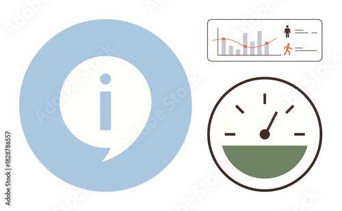 Circular info icon, gauge meter showing speed progress, and chart tracking data trends. Ideal for data visualization, information systems, metrics, statistics, analysis tools, infographics simple