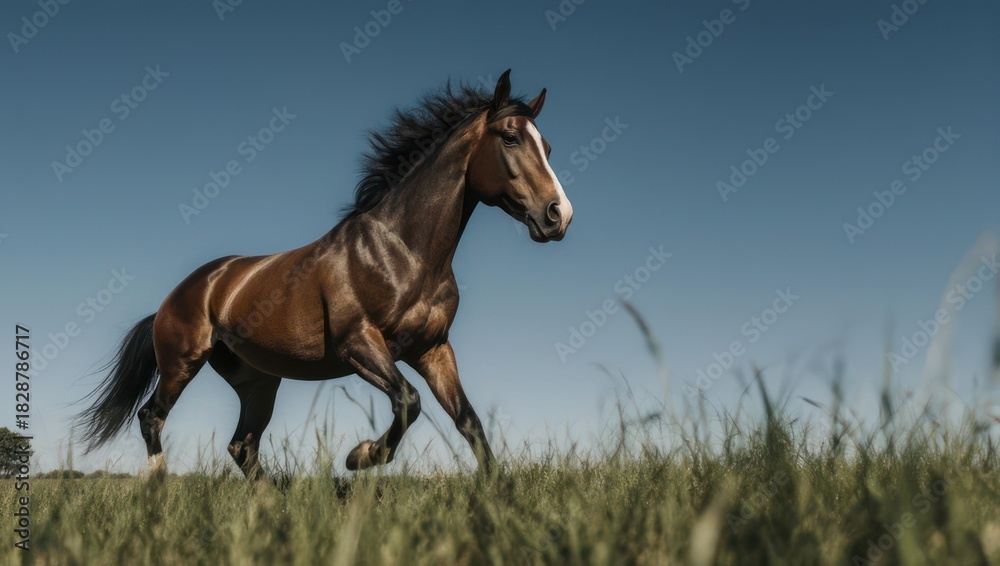 Obraz premium Majestic brown horse galloping freely across a golden field under a clear blue sky.