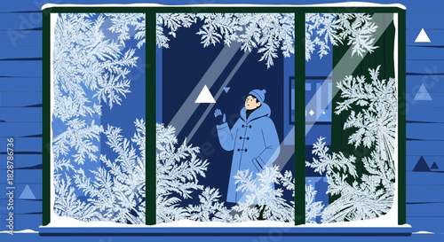A person admiring the frost patterns on a window during a cold winter day scene indoors