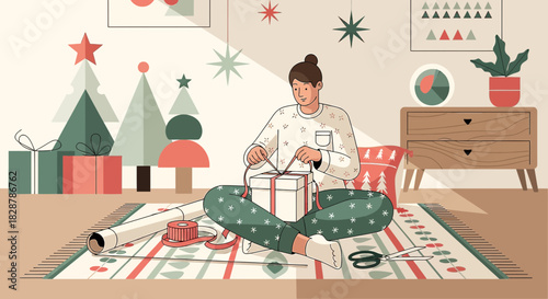 A woman in pajamas sits on the carpet wrapping Christmas presents indoors in flat vector