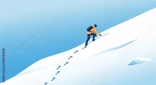 An energetic climber ascends a snow-covered mountain, pursuing challenges and achieving ambitious