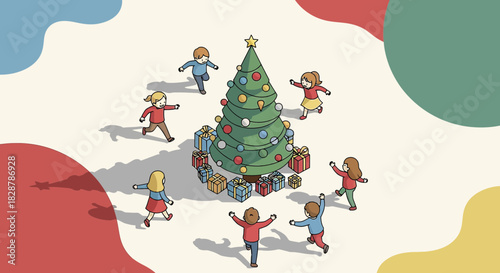 Animated children circling a festive Christmas tree with colorful gifts and decorations spreading
