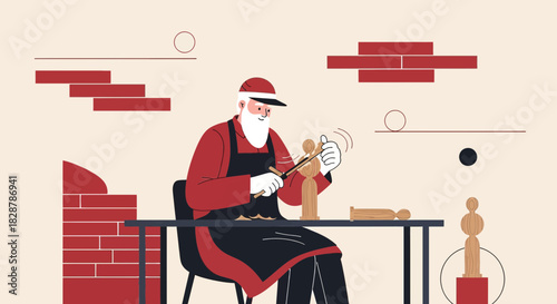 Artisan woodworker meticulously carving a wooden sculpture with precision and artistry, portraying