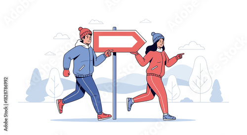Athletic couple on the move with directional sign in wintery park setting illustration