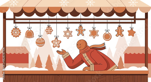 Charming christmas market scene featuring a gingerbread man and cookie ornaments festooning vendor
