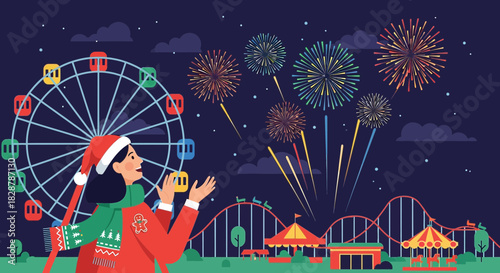 Celebratory night scene with amusement park attractions and festive fireworks display