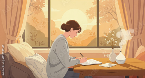 Peaceful sunset writing moment inside a warm cozy room. Woman journaling at her desk in soft golden evening light. Calm creative session as sunset glows through the window