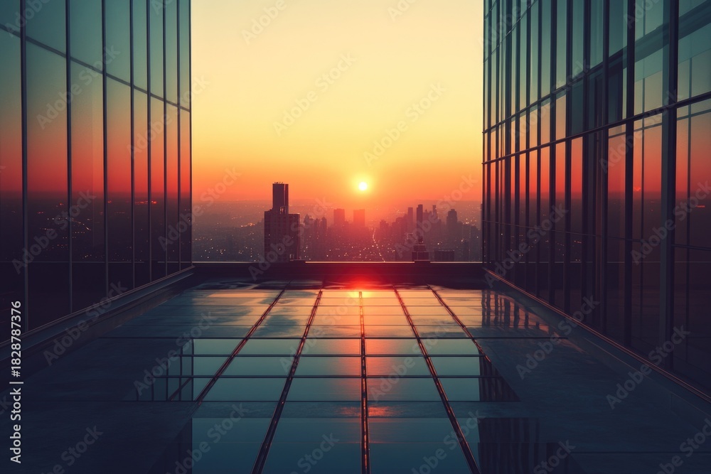 Fototapeta premium Dramatic sunset over a city skyline, framed by modern glass buildings, casting beautiful reflections on a wet rooftop.
